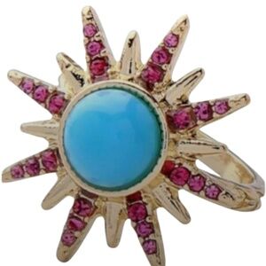 Vintage Star Shape Blue Cabochon Pink Crystals Gold Tone Ring Size 6 1/2